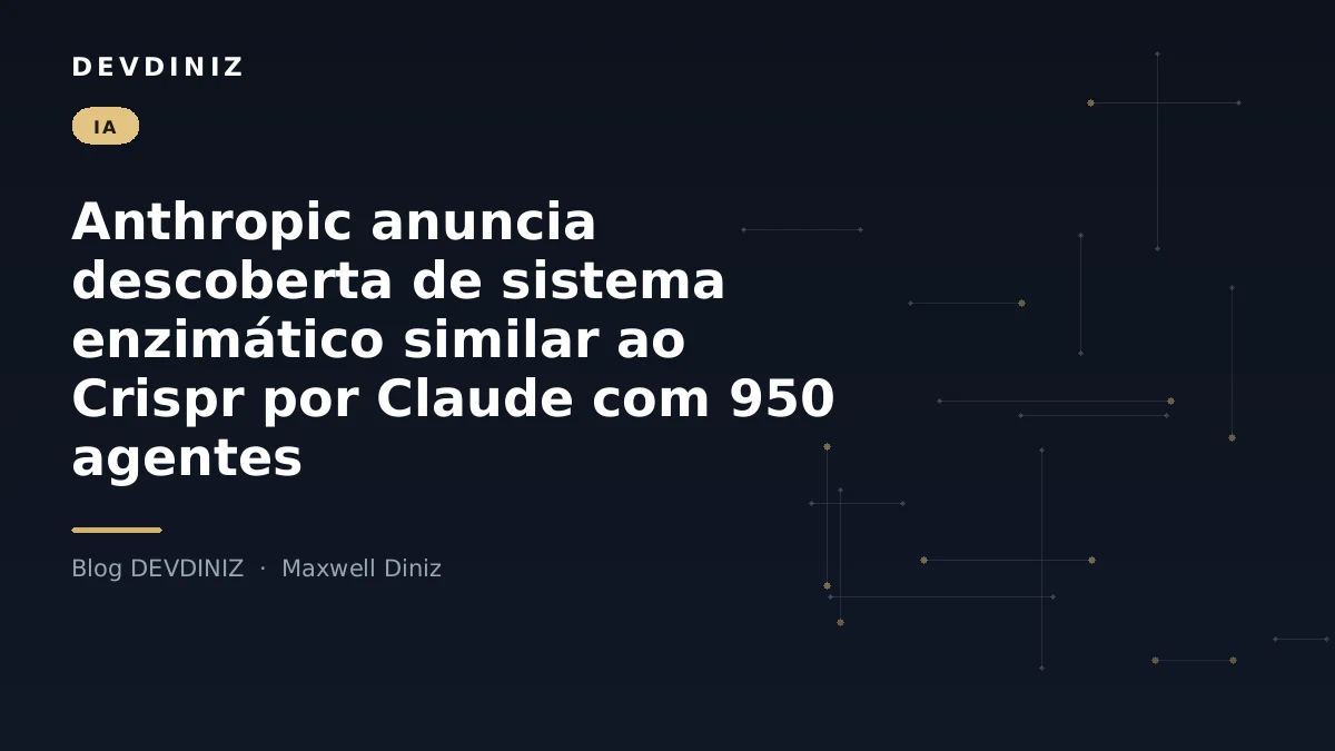 Capa do post sobre a descoberta de sistema enzimático similar ao Crispr pelo Claude, com o título em branco sobre fundo navy e uma malha de nós conectados em tons de dourado