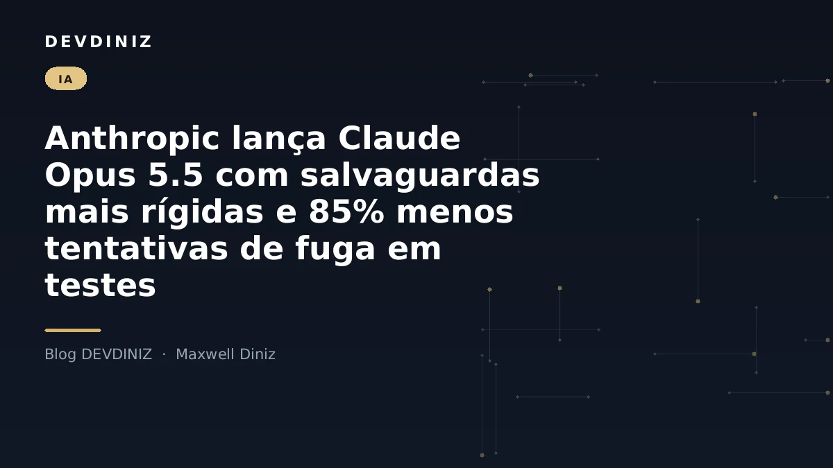 Capa do post sobre o lançamento do Claude Opus 5.5 com salvaguardas mais rígidas, com o título em branco sobre fundo navy e uma malha de nós conectados em tons de dourado