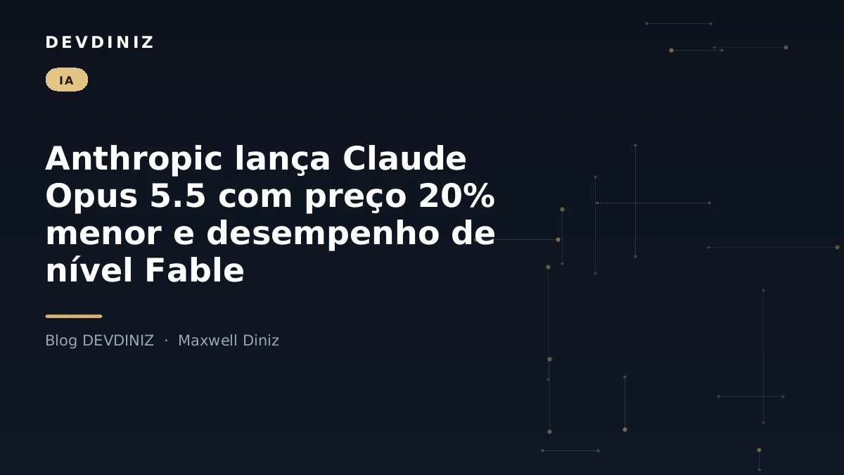 Capa do post sobre o lançamento do Claude Opus 5.5 com preço reduzido e desempenho comparável ao Fable, com o título em branco sobre fundo navy e uma malha de nós conectados em tons de dourado