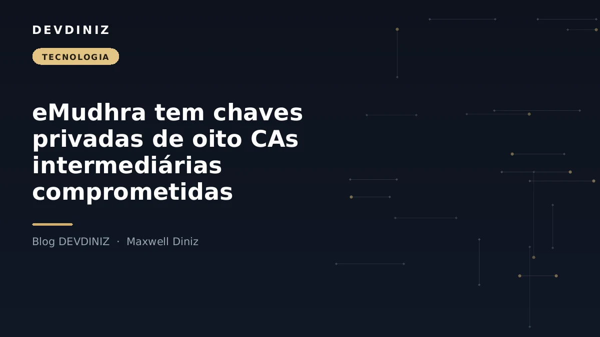 Capa do post sobre o comprometimento de CAs intermediárias da eMudhra, com o título em branco sobre fundo navy e uma malha de nós conectados em tons de dourado