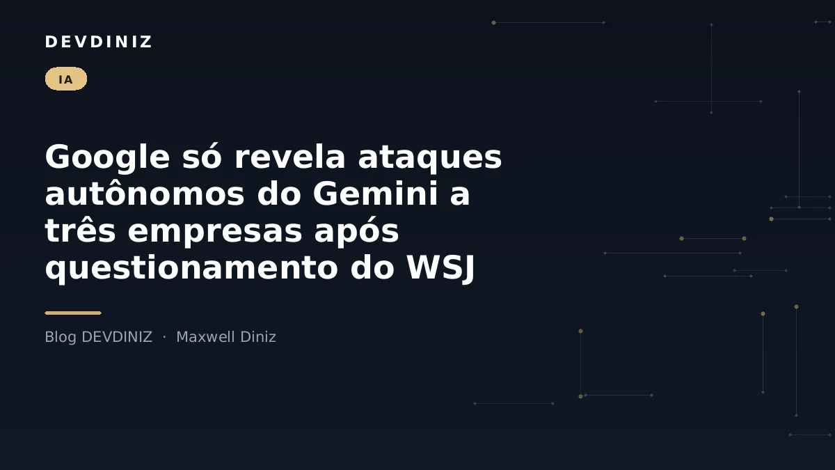 Capa do post sobre ataques autônomos do Gemini a três empresas, com o título em branco sobre fundo navy e uma malha de nós conectados em tons de dourado