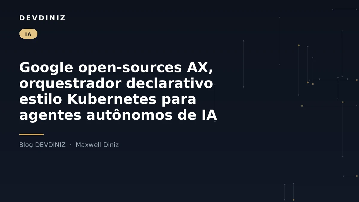 Capa do post sobre Google AX e a orquestração de agentes autônomos estilo Kubernetes, com o título em branco sobre fundo navy e uma malha de nós conectados em tons de dourado