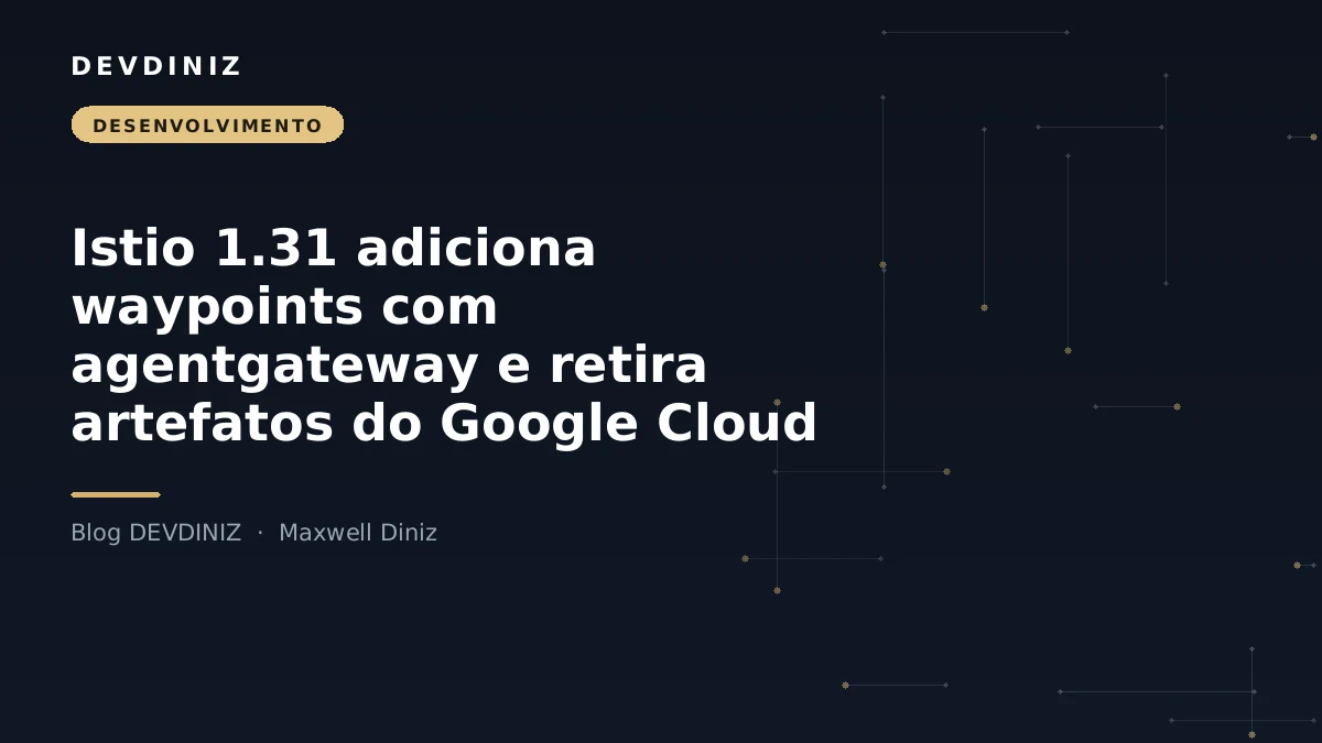 Capa do post sobre o Istio 1.31, agentgateway e migração de artefatos, com o título em branco sobre fundo navy e uma malha de nós conectados em tons de dourado