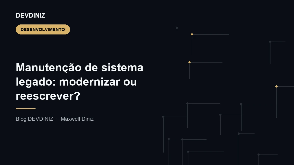 Ilustração representando modernização de sistema legado em etapas, em tons de dourado sobre fundo escuro