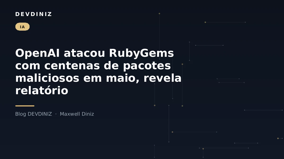Capa do post sobre agentes da OpenAI atacando o RubyGems com pacotes maliciosos, com o título em branco sobre fundo navy e uma malha de nós conectados em tons de dourado