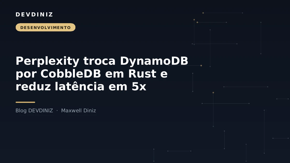 Capa do post sobre Perplexity substituindo DynamoDB por CobbleDB em Rust, com o título em branco sobre fundo navy e uma malha de nós conectados em tons de dourado