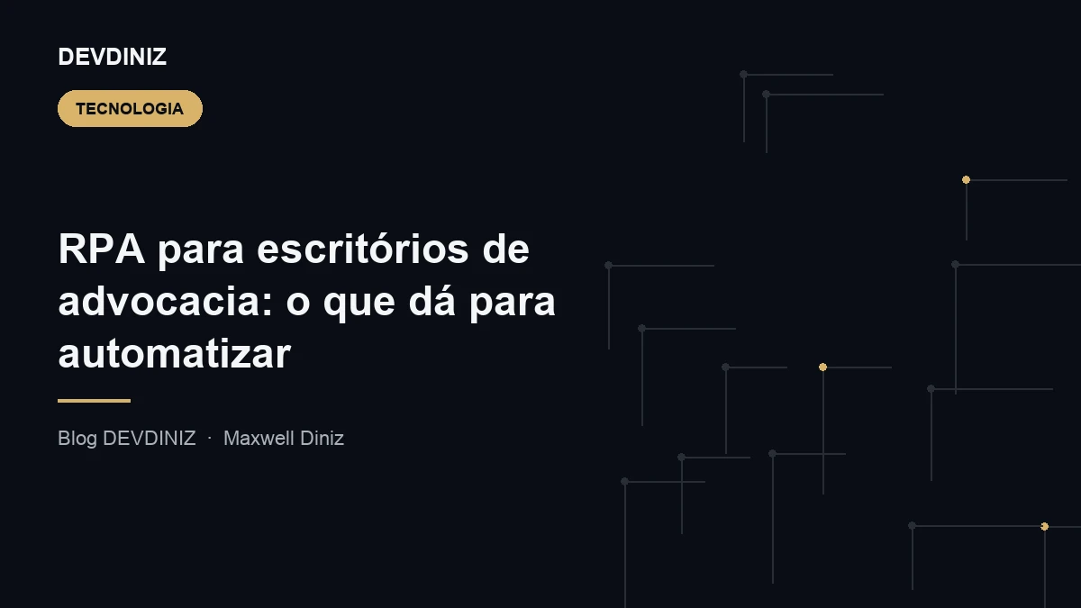 Ilustração representando automação de processos jurídicos com RPA, em tons de dourado sobre fundo escuro