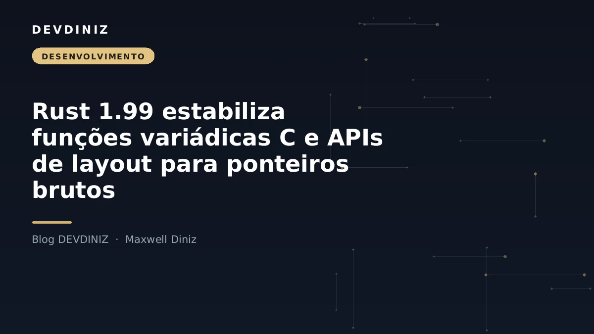 Capa do post sobre o Rust 1.99 e suas novas APIs, com o título em branco sobre fundo navy e uma malha de nós conectados em tons de dourado