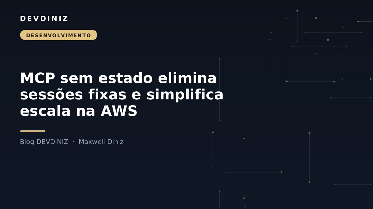 Capa do post sobre MCP sem estado e remoção de sessão fixa em servidores AWS, com o título em branco sobre fundo navy e uma malha de nós conectados em tons de dourado